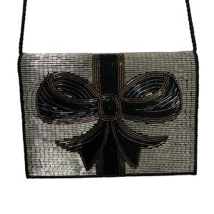 Vintage 90s Carla Marchi Beaded Bow Design Black & Silver Evening Bag